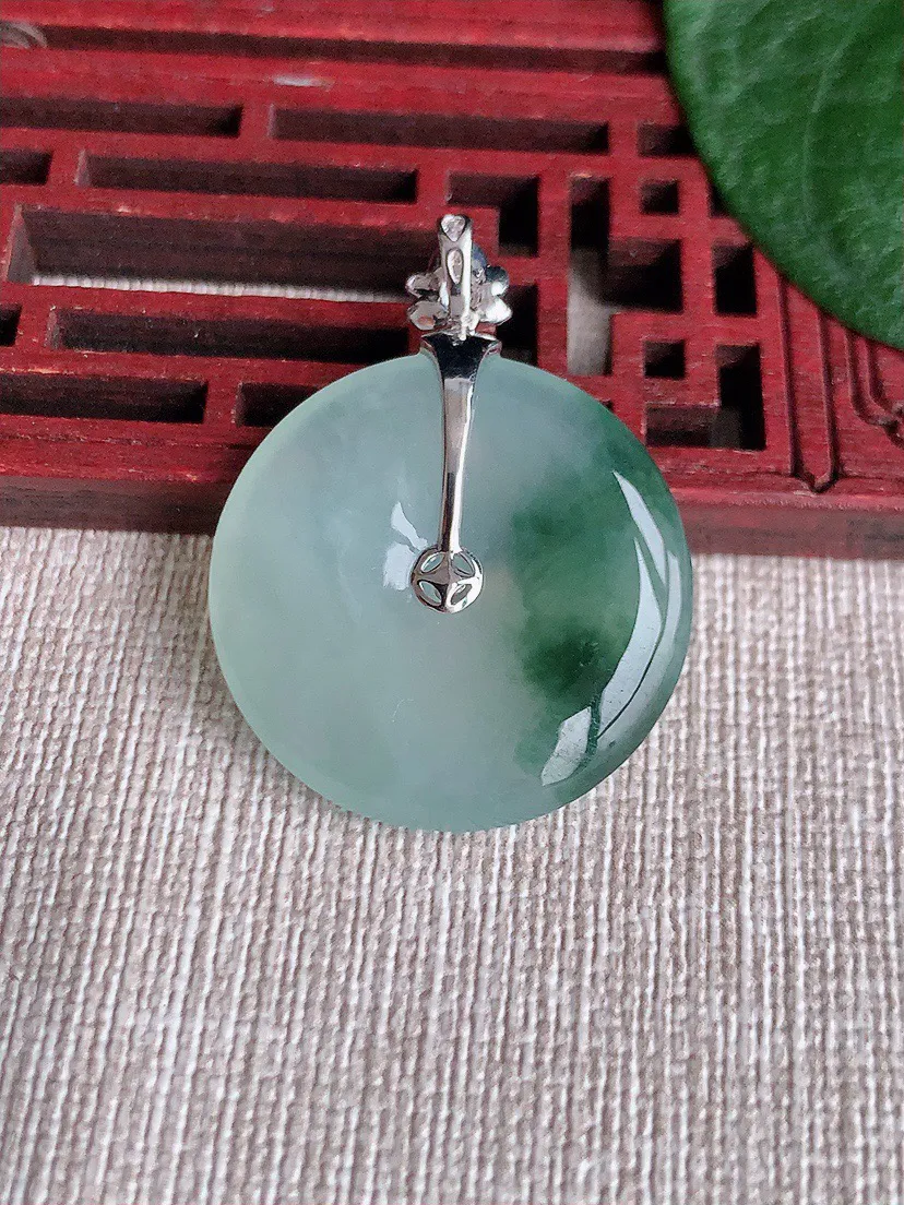 缅甸a货翡翠ddj老坑冰种18K金镶嵌飘花平安扣吊坠 整体34×26.3×4.5mm 7.80