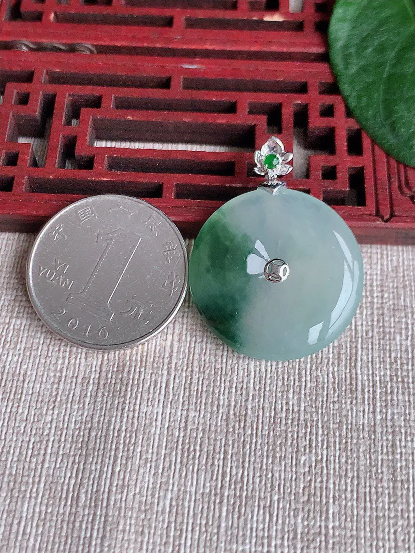 缅甸a货翡翠ddj老坑冰种18K金镶嵌飘花平安扣吊坠 整体34×26.3×4.5mm 7.80