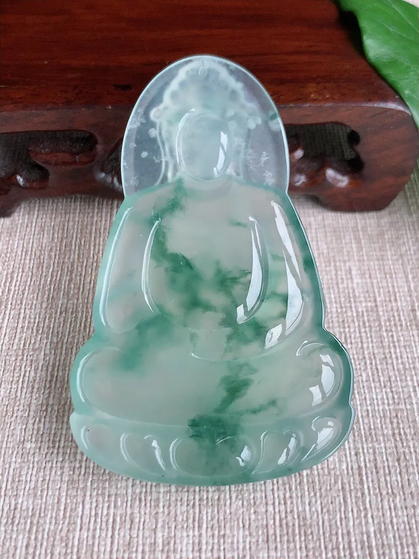 缅甸a货翡翠ddj老坑高冰种冰飘花素衣观音吊坠  整体65×39.6×5.8mm 26.70