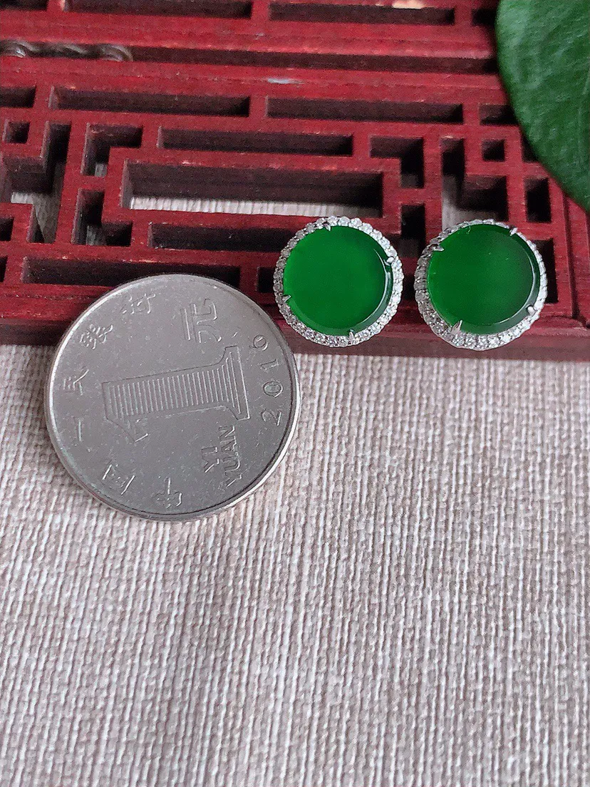 天然a货翡翠ddj老坑冰种18K金镶嵌满绿无事牌耳坠 整体10.3mm 3.93