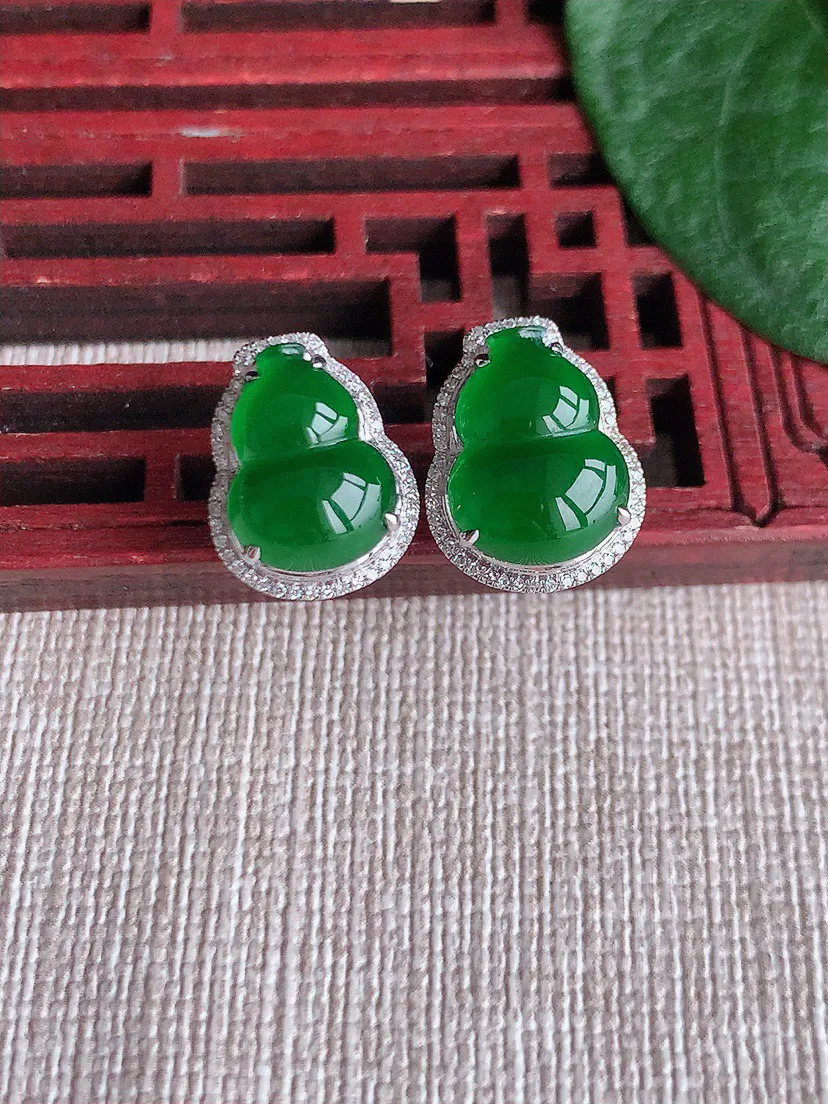 天然a货翡翠ddj老坑冰种18K金镶嵌满绿葫芦耳钉 整体11.8×8.4mm 3.53
