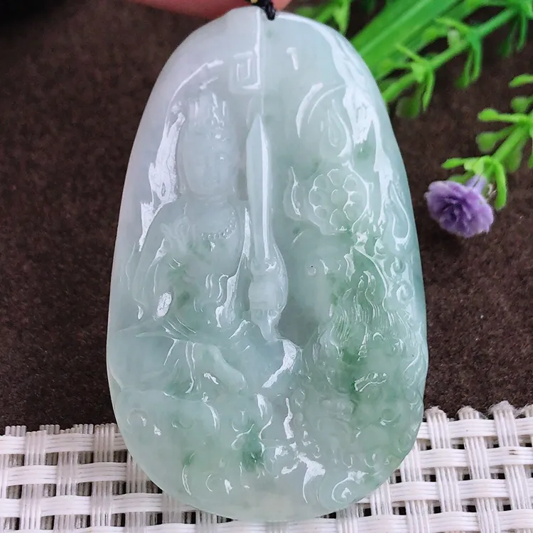 自然光老坑冰胶果冻飘花文殊菩萨吊坠翡翠玉坠尺寸61.5/38.3/6.1