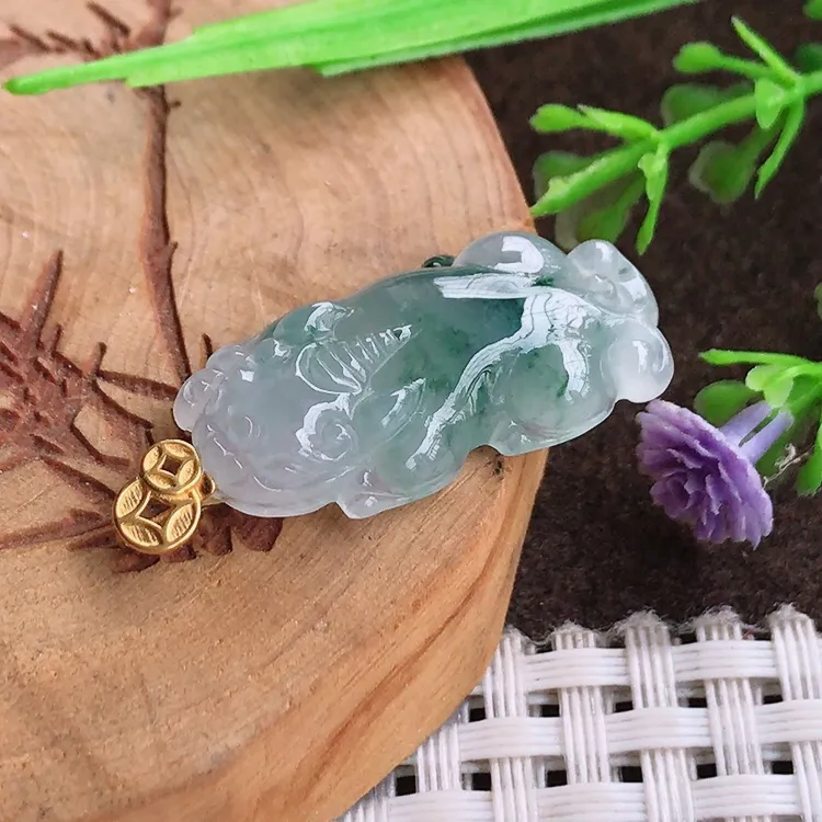 自然光老坑18k金镶嵌冰胶果冻飘花貔貅吊坠翡翠玉坠尺寸27/13.8/5.1