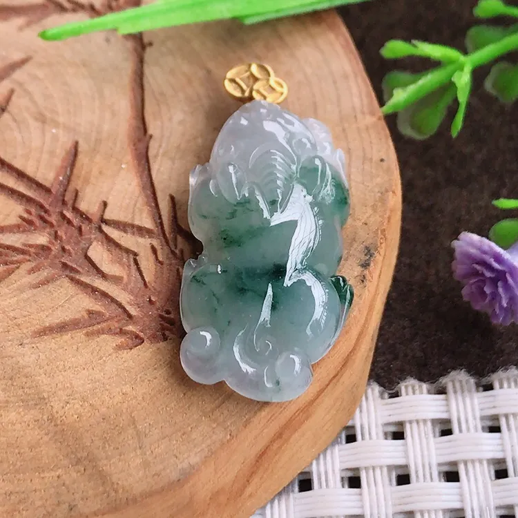 自然光老坑18k金镶嵌冰胶果冻飘花貔貅吊坠翡翠玉坠尺寸27/13.8/5.1