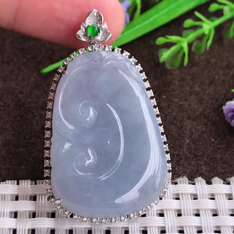 自然光老坑18k金镶嵌冰润紫罗兰如意吊坠翡翠玉坠尺寸48.2/28.6/8.9