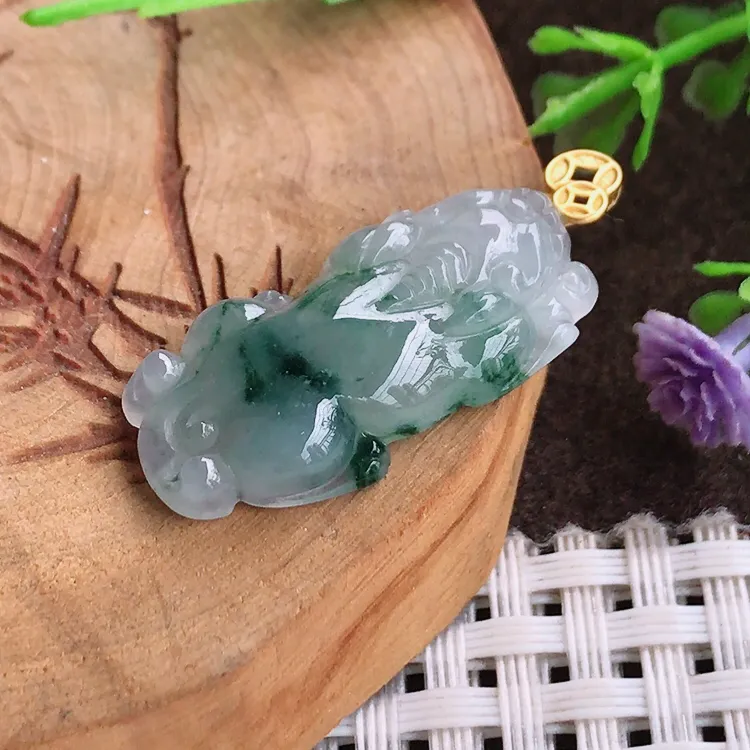 自然光老坑18k金镶嵌冰胶果冻飘花貔貅吊坠翡翠玉坠尺寸27/13.8/5.1