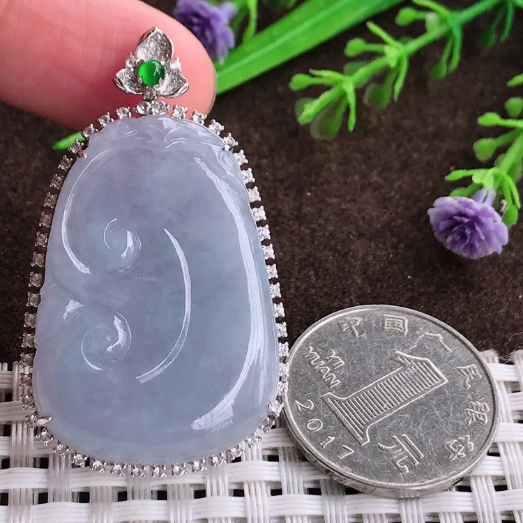 自然光老坑18k金镶嵌冰润紫罗兰如意吊坠翡翠玉坠尺寸48.2/28.6/8.9