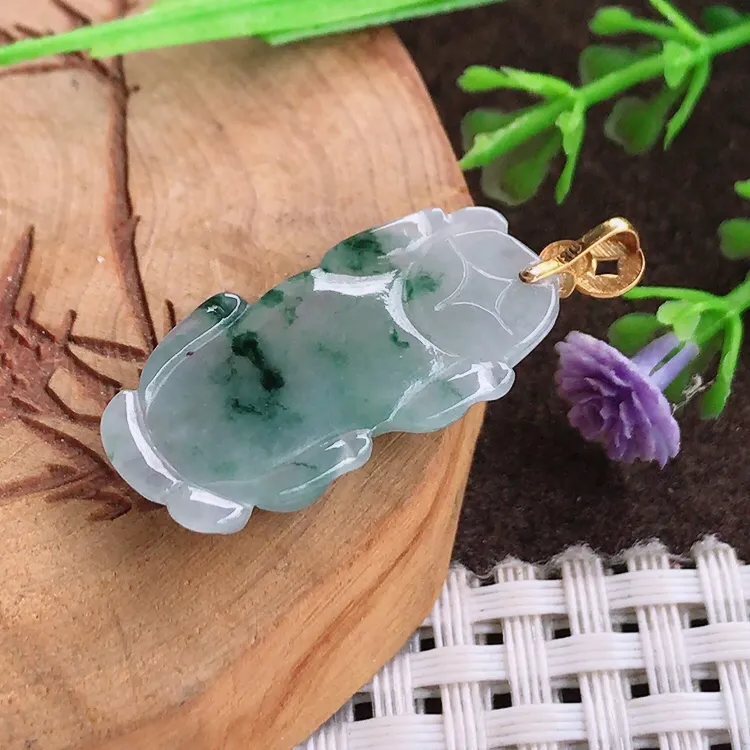 自然光老坑18k金镶嵌冰胶果冻飘花貔貅吊坠翡翠玉坠尺寸27/13.8/5.1
