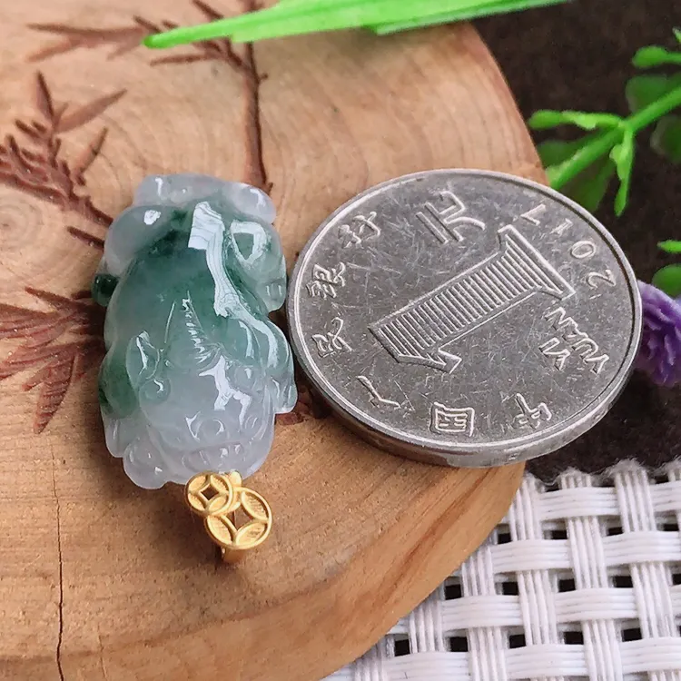 自然光老坑18k金镶嵌冰胶果冻飘花貔貅吊坠翡翠玉坠尺寸27/13.8/5.1