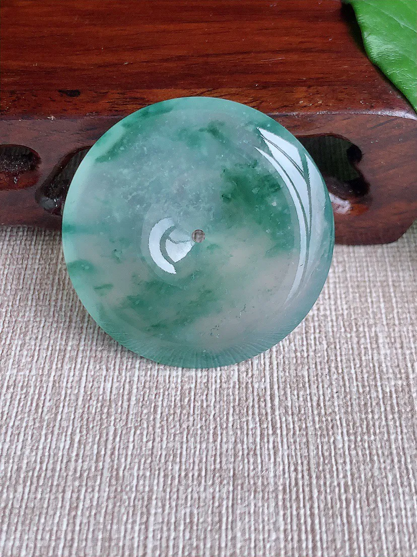 缅甸a货翡翠ddj老坑高冰种冰飘花大平安扣吊坠 整体35.4×5.5mm 15.46