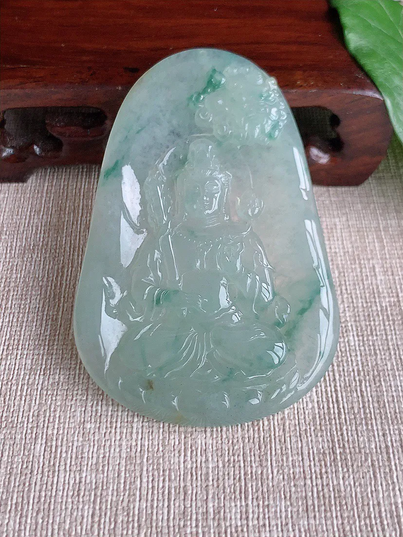 缅甸a货翡翠ddj老坑冰种飘花文殊菩萨吊坠 整体67.6×44×5.6mm 34.23
