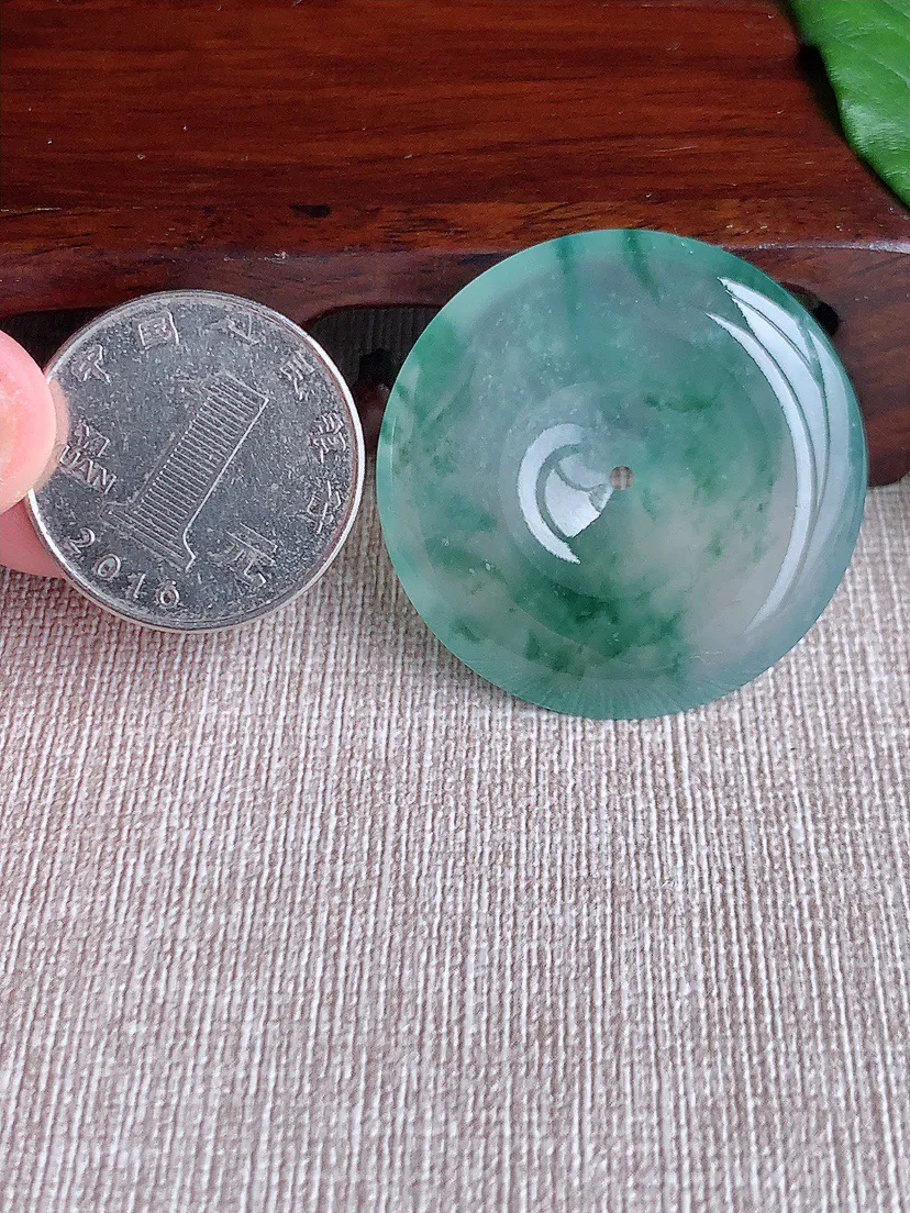 缅甸a货翡翠ddj老坑高冰种冰飘花大平安扣吊坠 整体35.4×5.5mm 15.46