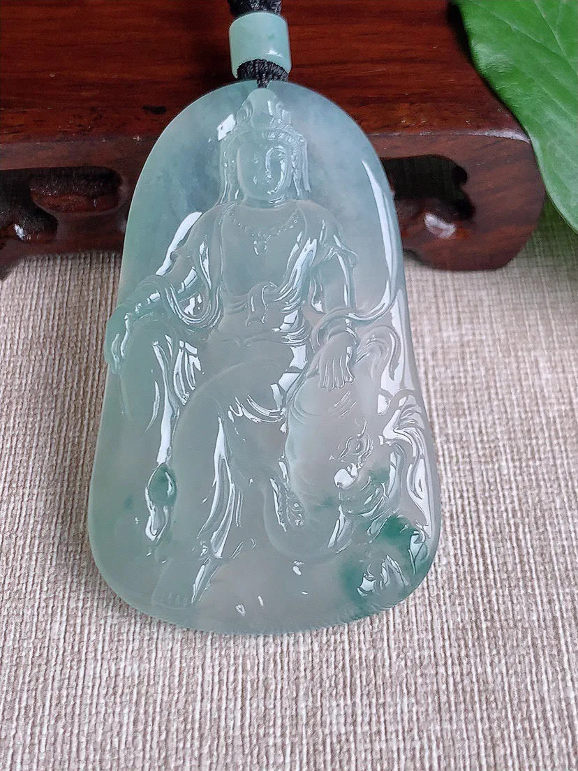 缅甸a货翡翠ddj老坑冰种飘花普贤菩萨吊坠 整体66×39.3×5.6mm 37.12