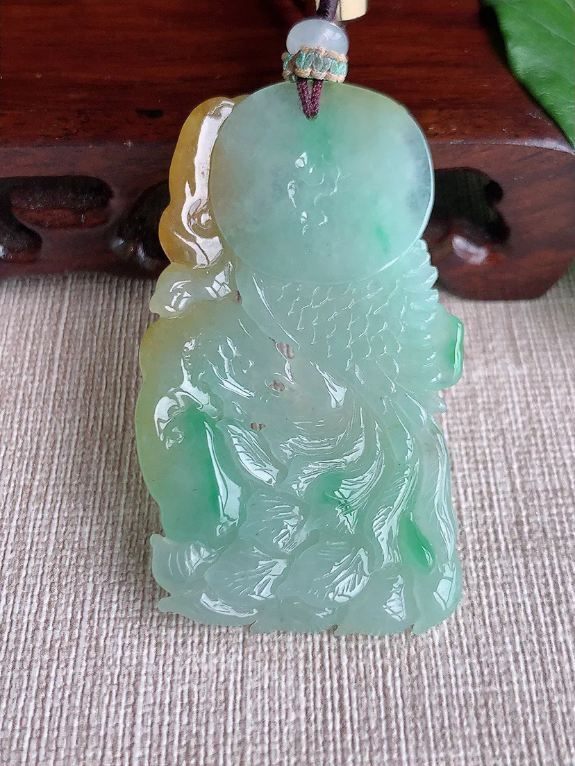 缅甸a货翡翠ddj老坑冰种黄加绿双彩凤凰吊坠 整体55×32.4×6.2mm 26.67