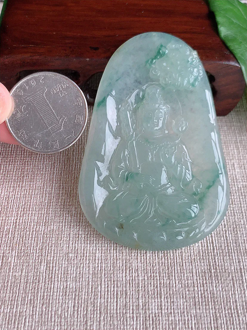 缅甸a货翡翠ddj老坑冰种飘花文殊菩萨吊坠 整体67.6×44×5.6mm 34.23