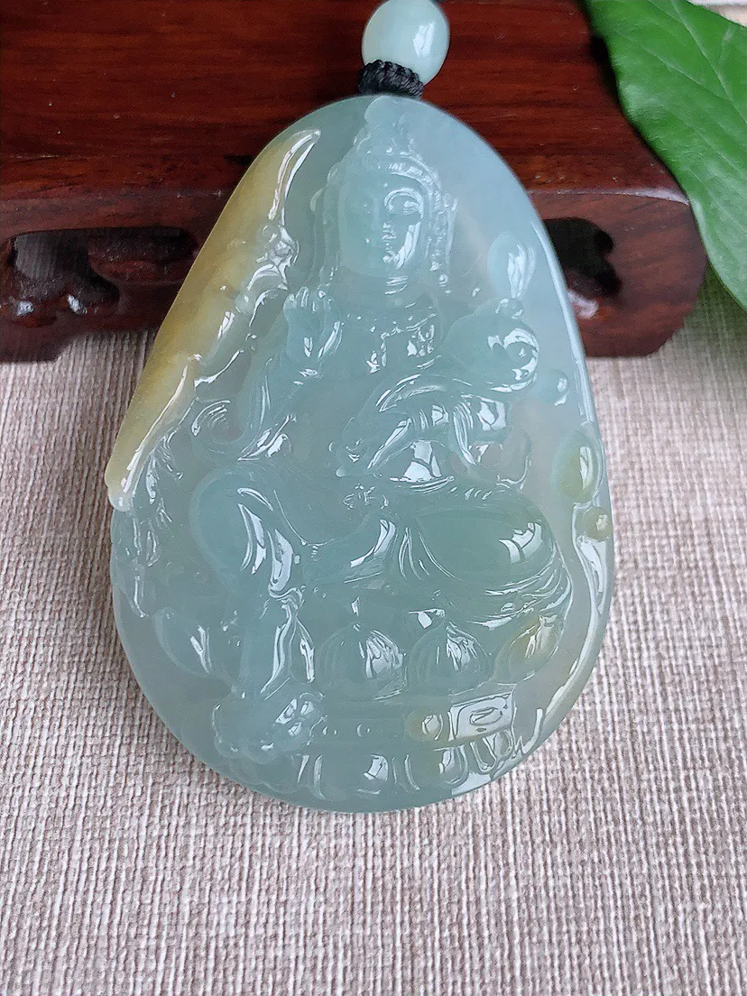 缅甸a货翡翠ddj老坑冰种飘黄翡大件厚装御凤观音吊坠 整体71.2×47.2×10mm 65.80