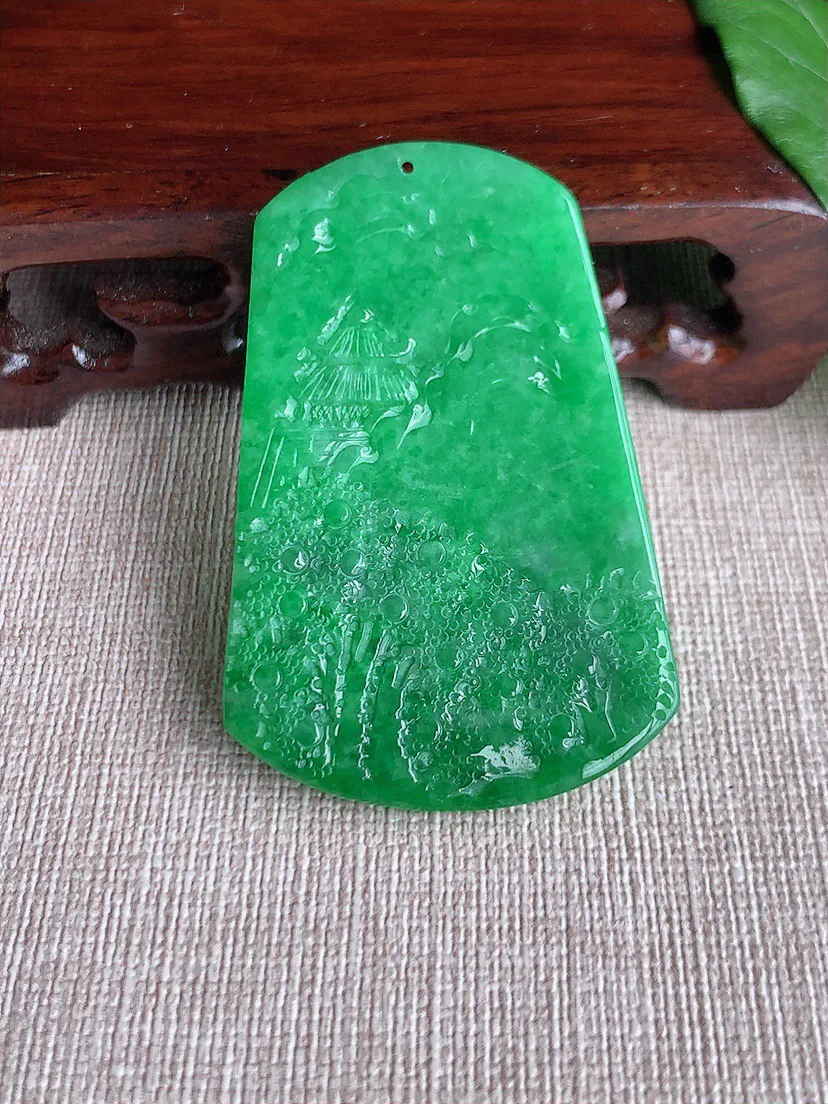 缅甸a货翡翠ddj老坑冰种满绿意境山水牌吊坠  整体54×35.3×5mm 23.47