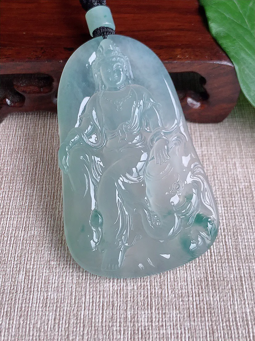 缅甸a货翡翠ddj老坑冰种飘花普贤菩萨吊坠 整体66×39.3×5.6mm 37.12