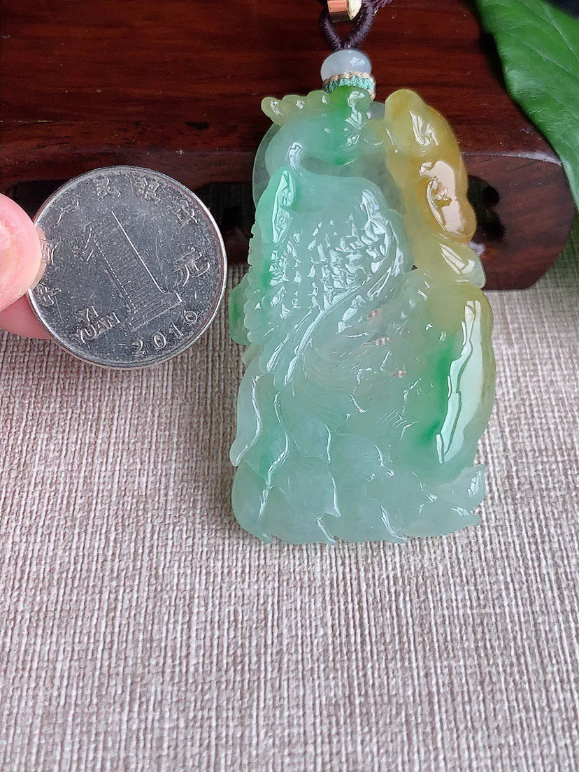缅甸a货翡翠ddj老坑冰种黄加绿双彩凤凰吊坠 整体55×32.4×6.2mm 26.67