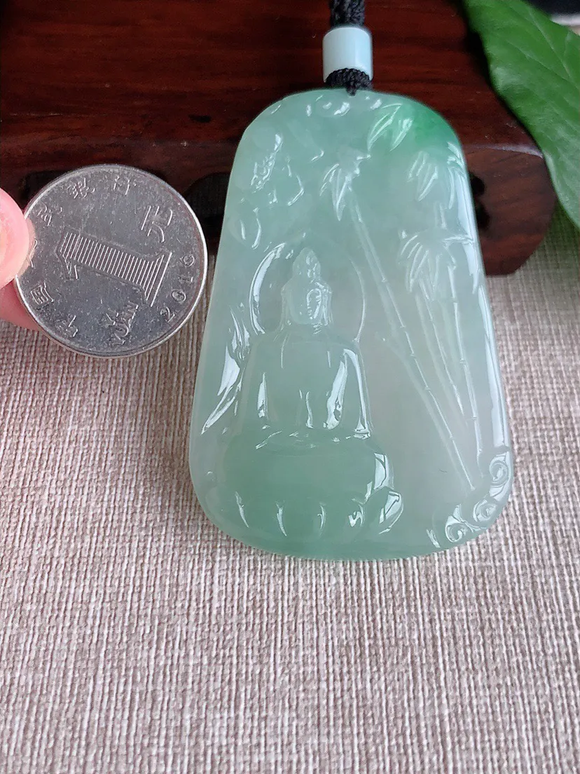 缅甸a货翡翠ddj老坑冰种晴绿观音吊坠 整体62.3×39.7×6mm 33.68