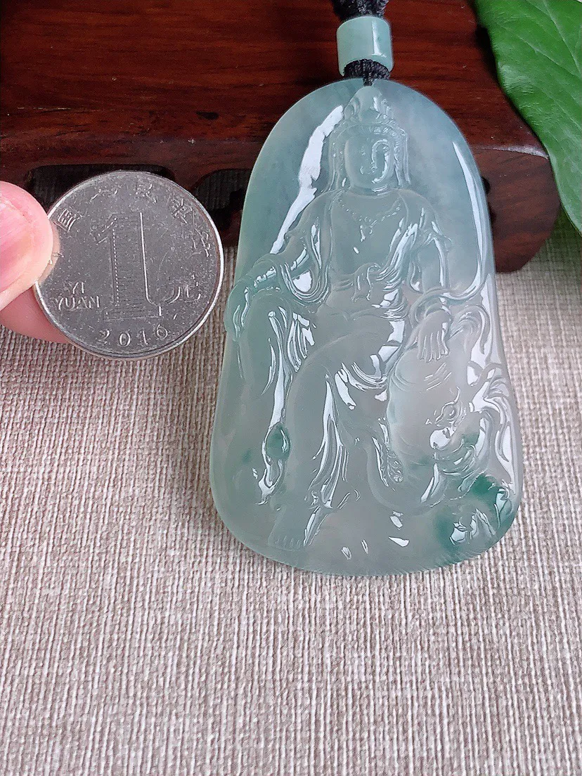 缅甸a货翡翠ddj老坑冰种飘花普贤菩萨吊坠 整体66×39.3×5.6mm 37.12