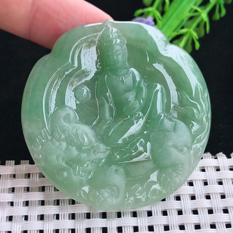 自然光老坑冰润起胶满绿文殊菩萨吊坠守护神翡翠玉坠尺寸52/5