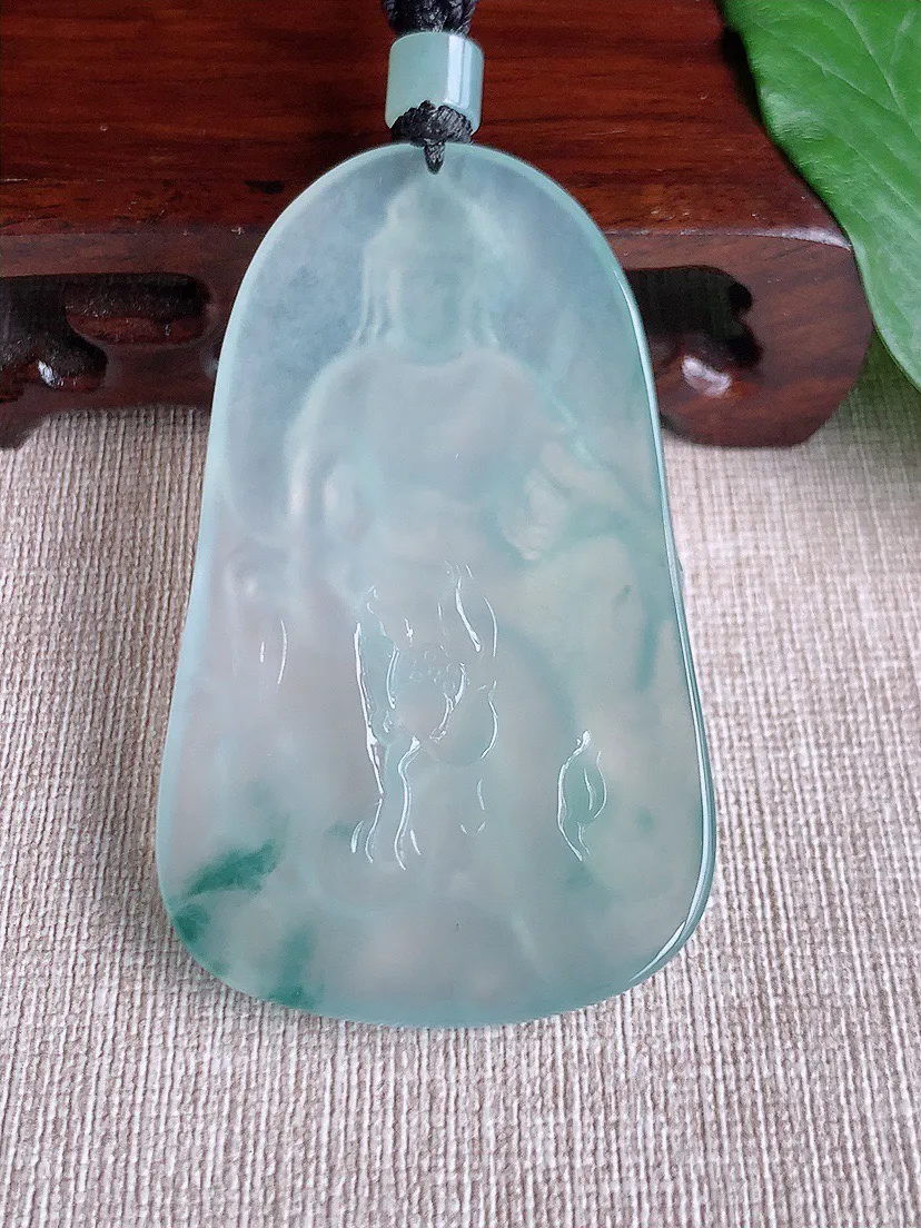 缅甸a货翡翠ddj老坑冰种飘花普贤菩萨吊坠 整体66×39.3×5.6mm 37.12