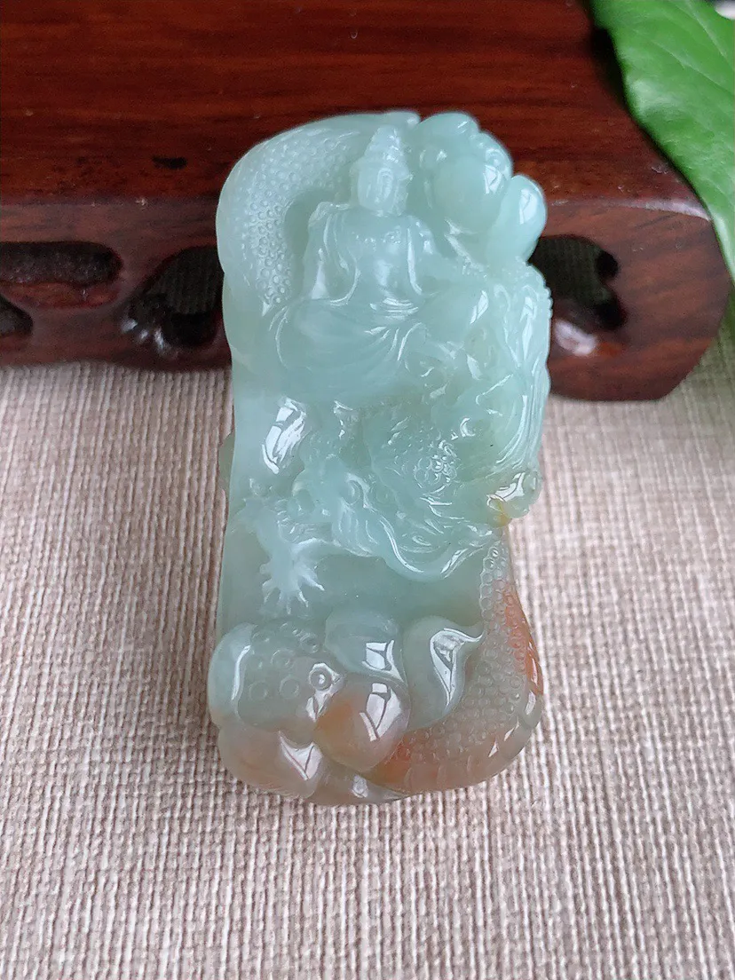 缅甸a货翡翠ddj老坑冰润飘黄翡飘花御龙观音吊坠  整体55.4×26×10.6mm 35.40