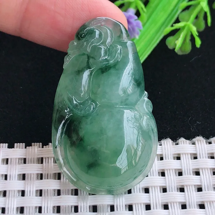 自然光老坑冰润起胶飘花葫芦吊坠翡翠玉坠尺寸41/24.6/7.5