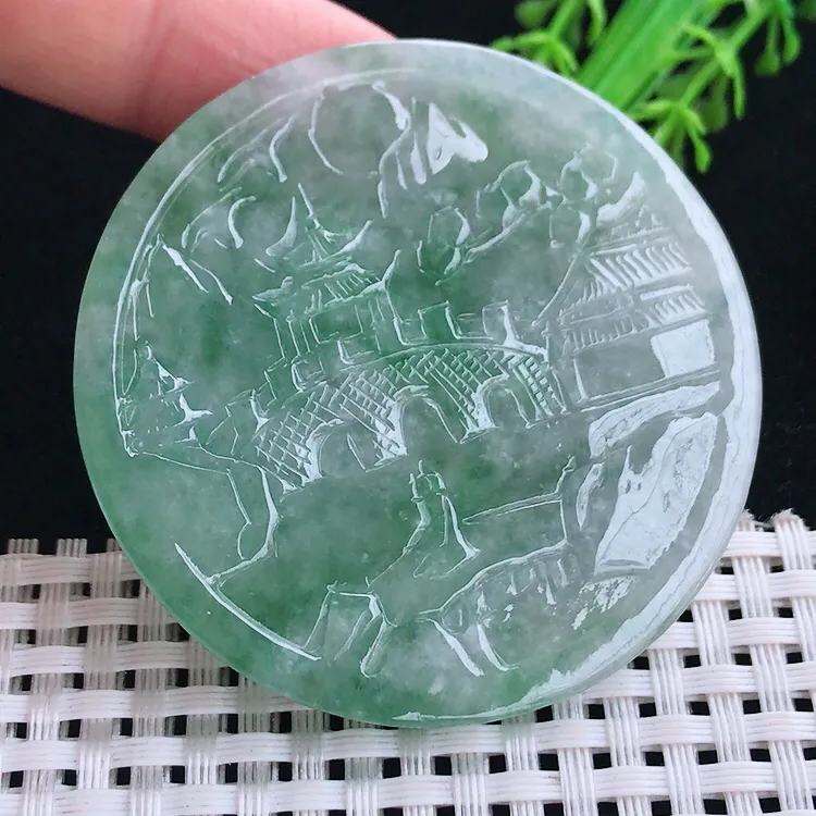 自然光老坑精美温润起胶飘花山水牌吊坠翡翠玉坠尺寸55.8/6.1