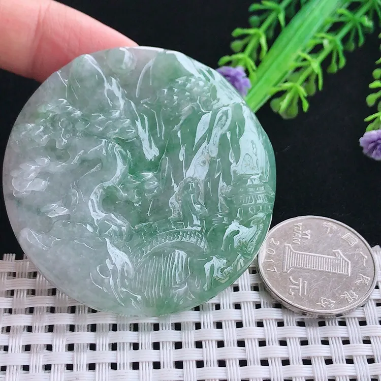 自然光老坑精美温润起胶飘花山水牌吊坠翡翠玉坠尺寸55.8/6.1