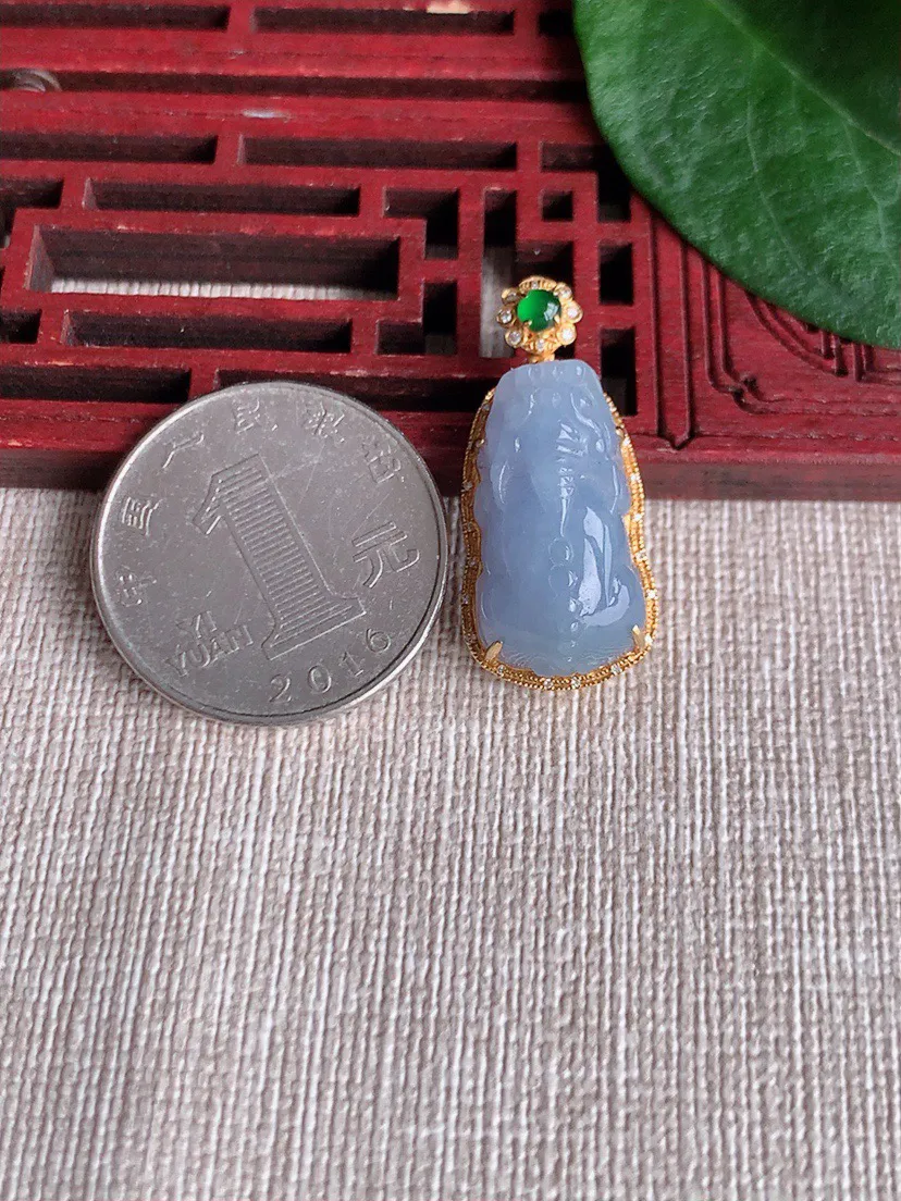 缅甸a货翡翠ddj老坑冰种18K金镶嵌紫罗兰招财貔貅吊坠 整体29×13.2×9.3裸石20.7×11.2mm 5.17