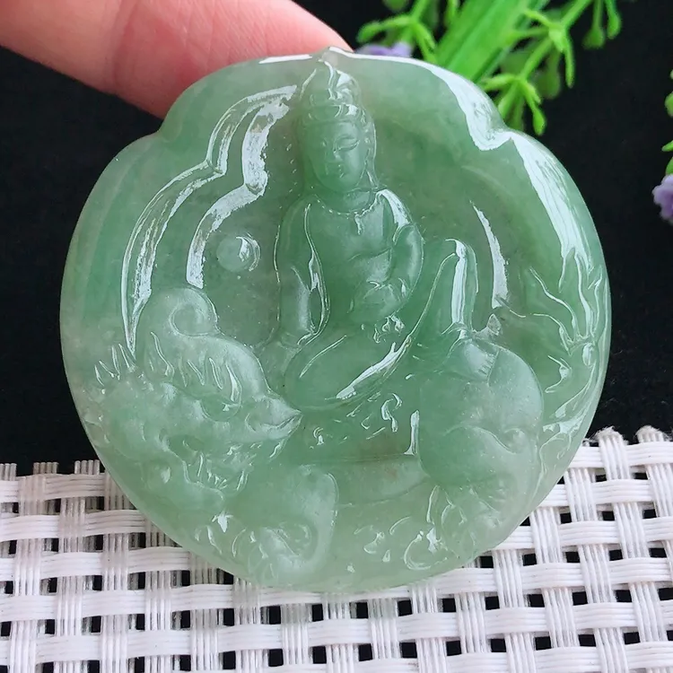 自然光老坑冰润起胶满绿文殊菩萨吊坠守护神翡翠玉坠尺寸52/5