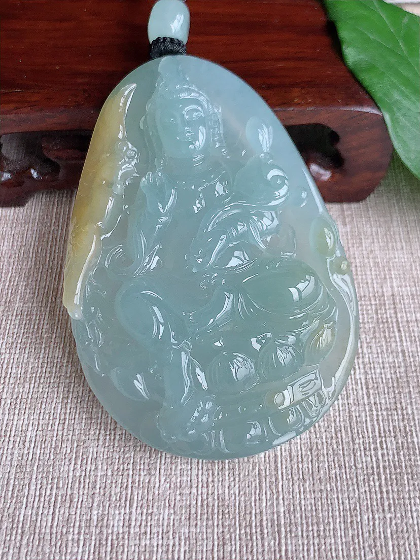 缅甸a货翡翠ddj老坑冰种飘黄翡大件厚装御凤观音吊坠 整体71.2×47.2×10mm 65.80