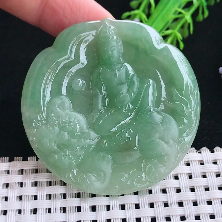 自然光老坑冰润起胶满绿文殊菩萨吊坠守护神翡翠玉坠尺寸52/5