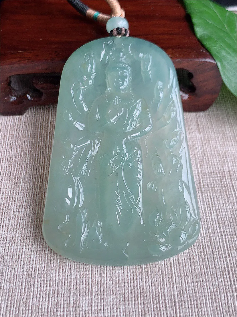 缅甸a货翡翠ddj老坑冰种晴水千手观音吊坠 整体74.6×46×6.4mm 52.13