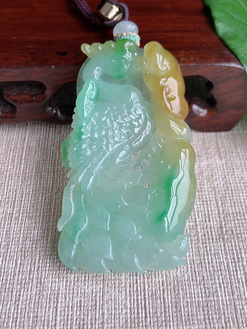 缅甸a货翡翠ddj老坑冰种黄加绿双彩凤凰吊坠 整体55×32.4×6.2mm 26.67