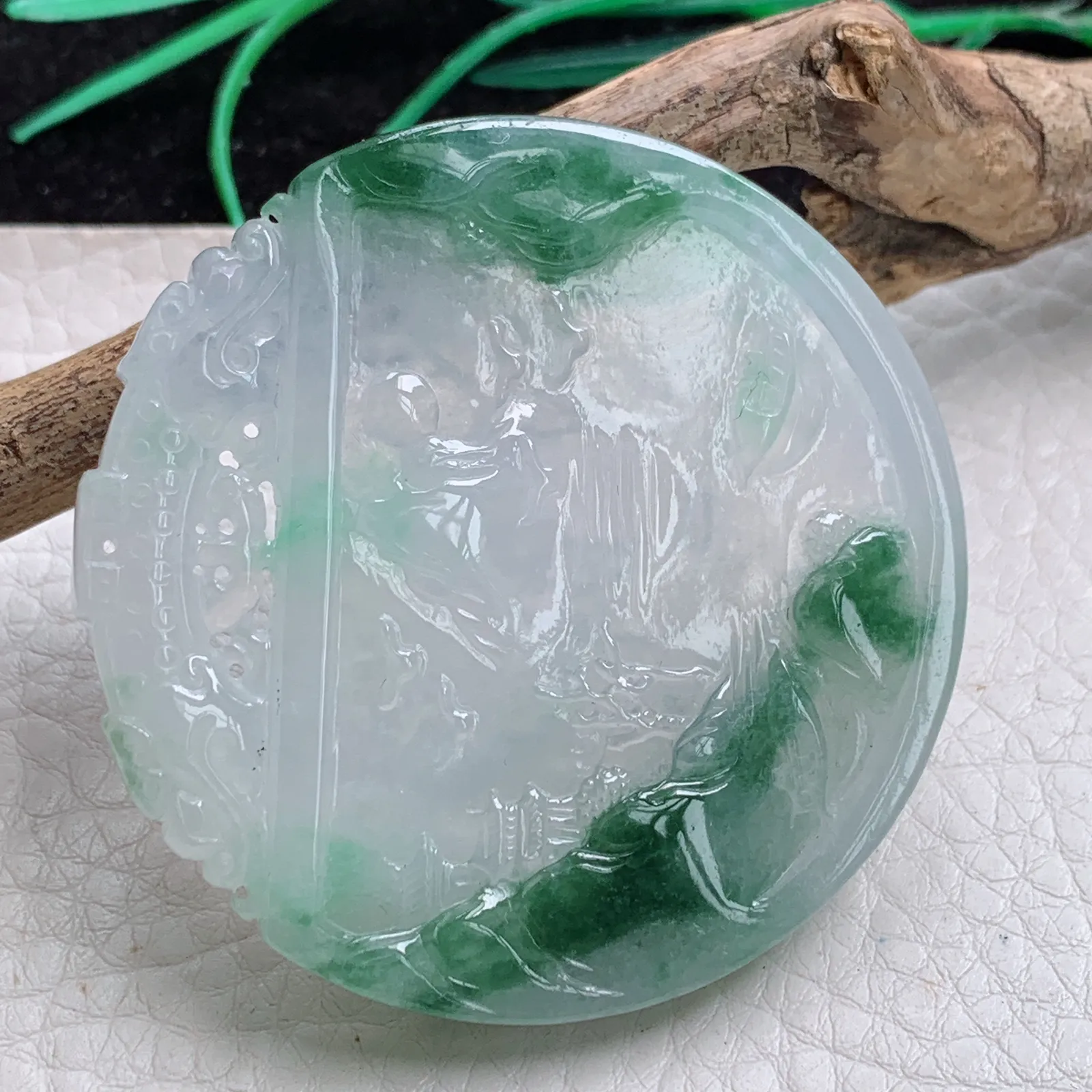 zz自然光53*6.5缅甸A货翡翠冰透飘花山水牌吊坠 双面精雕秀丽山川玉佩