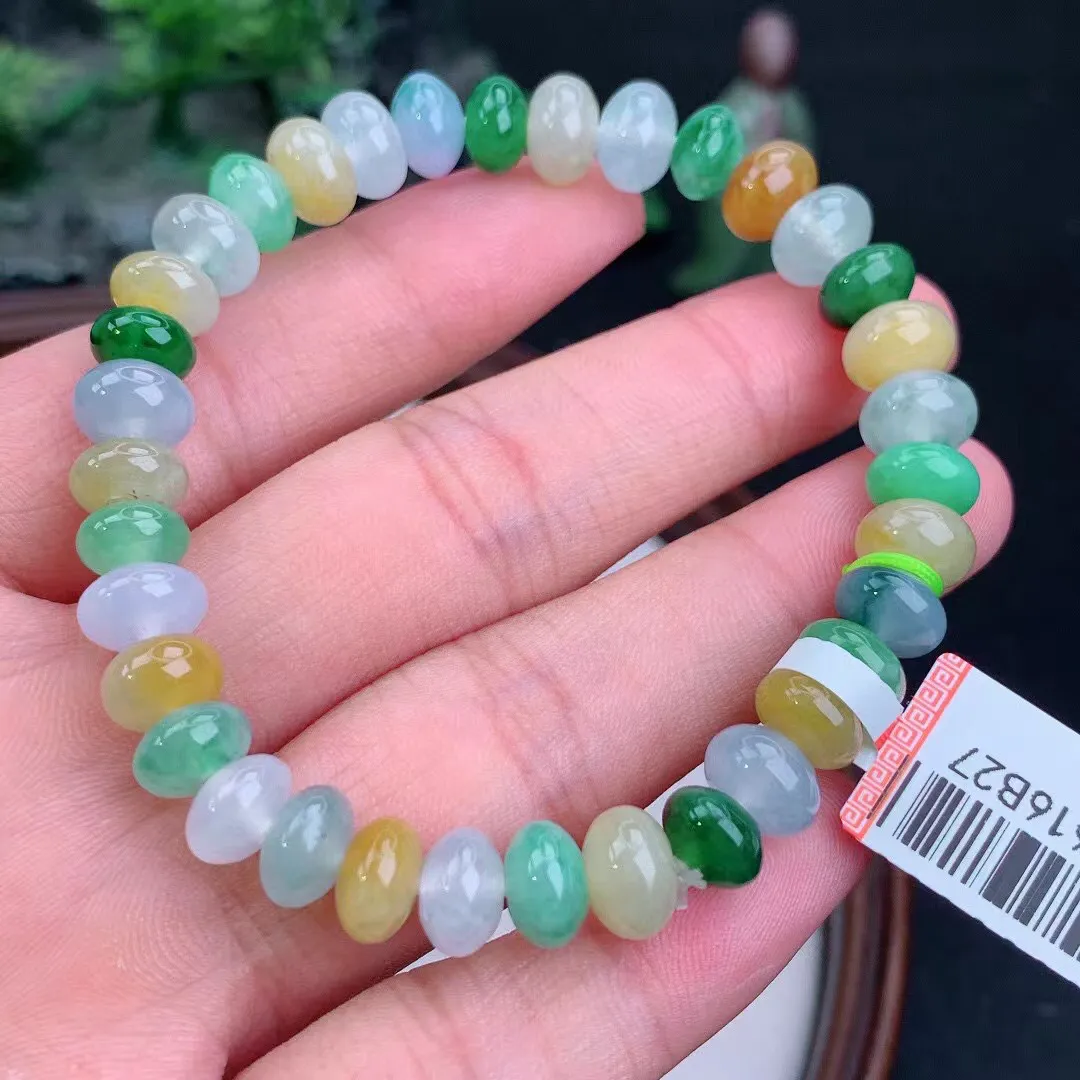 缅甸天然翡翠A货 老坑料起胶冰润 三彩多宝算盘珠手串 手链  尺寸8.5-5.5mm  y 24.71