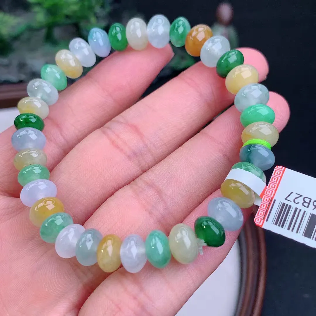 缅甸天然翡翠A货 老坑料起胶冰润 三彩多宝算盘珠手串 手链  尺寸8.5-5.5mm  y 24.71