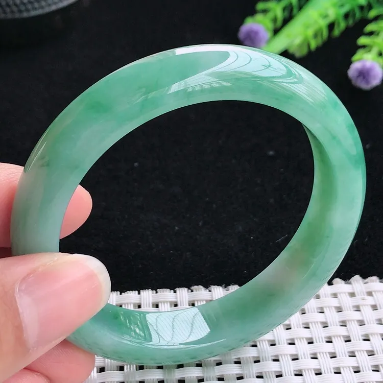 自然光55圈口老坑精美冰润满色飘花手镯翡翠玉镯尺寸55/12.2/8