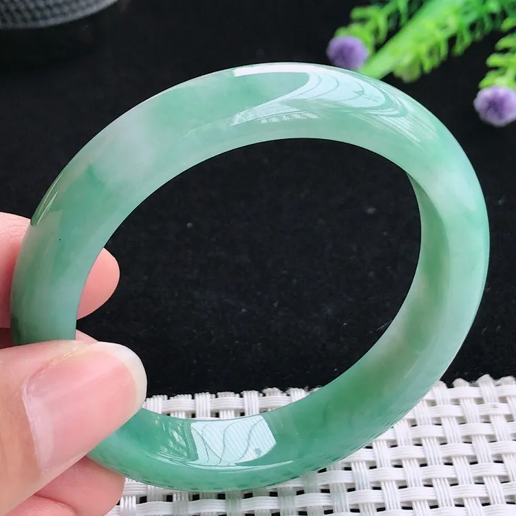 自然光55圈口老坑精美冰润满色飘花手镯翡翠玉镯尺寸55/12.2/8