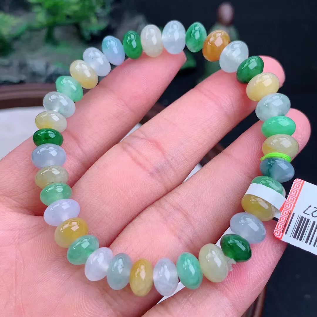缅甸天然翡翠A货 老坑料起胶冰润 三彩多宝算盘珠手串 手链  尺寸8.5-5.5mm  y 24.71