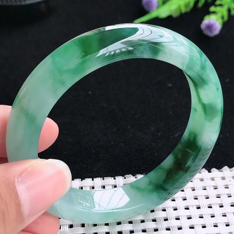 自然光54.6圈口老坑精美冰胶飘花宽边手镯翡翠玉镯尺寸54.6/12.1/8.5