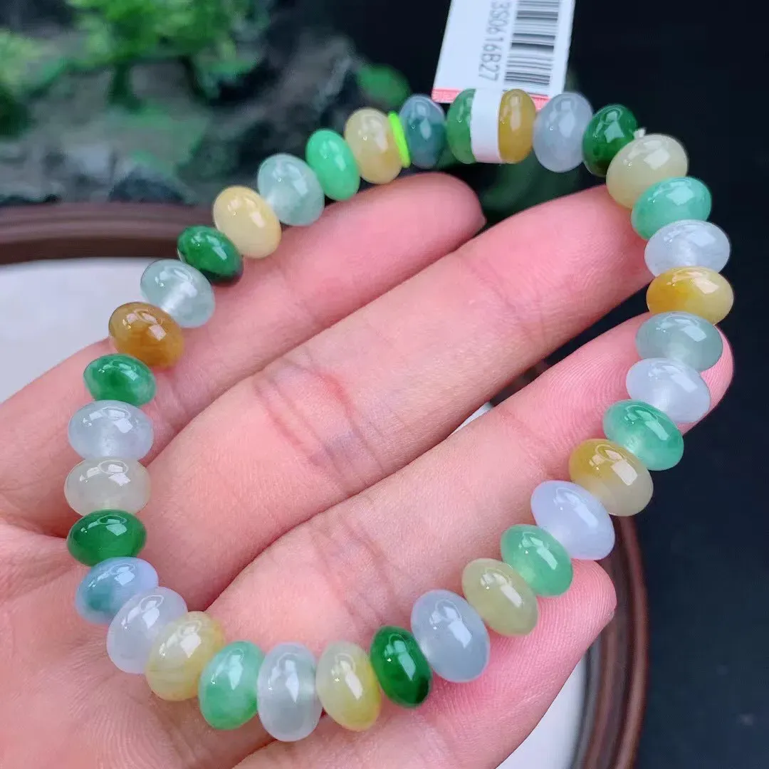 缅甸天然翡翠A货 老坑料起胶冰润 三彩多宝算盘珠手串 手链  尺寸8.5-5.5mm  y 24.71