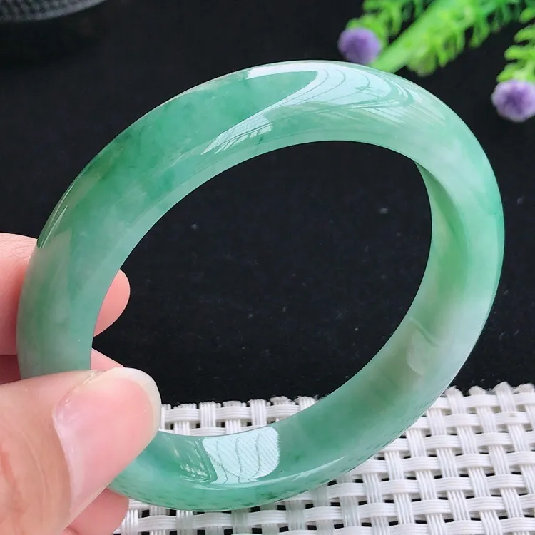 自然光55圈口老坑精美冰润满色飘花手镯翡翠玉镯尺寸55/12.2/8