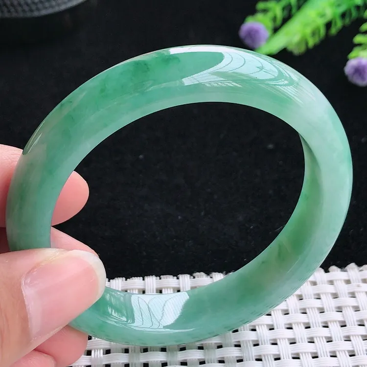 自然光55圈口老坑精美冰润满色飘花手镯翡翠玉镯尺寸55/12.2/8