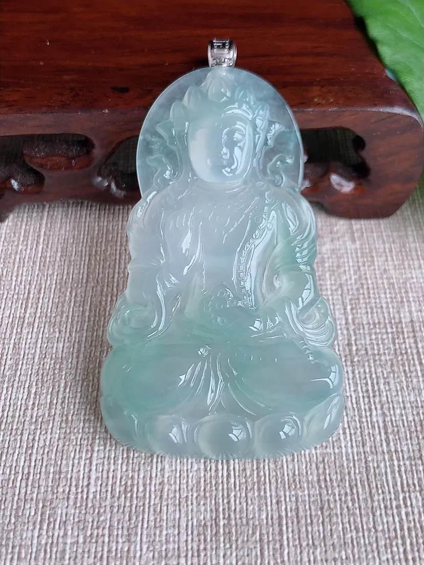 a货翡翠老坑冰种18K金扣头晴水度母观音吊坠  尺寸59.7×35.4×5.4mm 重量19.77g