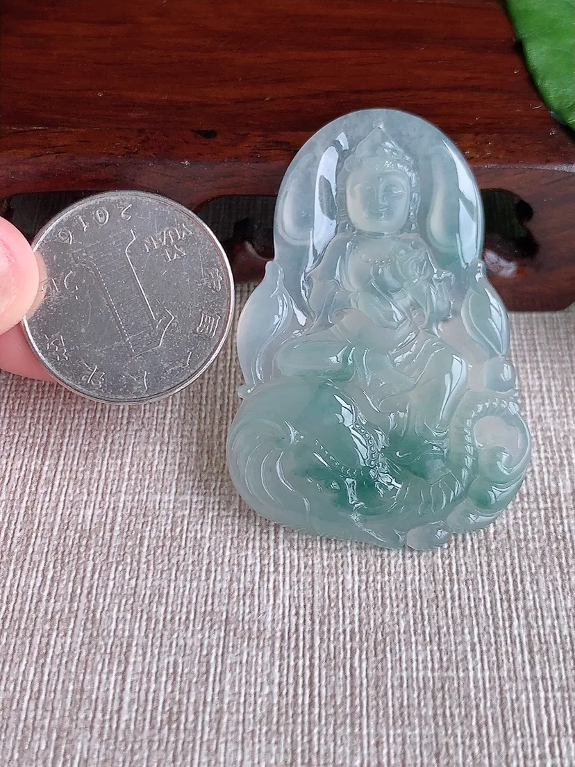 天然A货翡翠飘花普贤菩萨吊坠尺寸50.6×34×4.7m量13.38g 0504