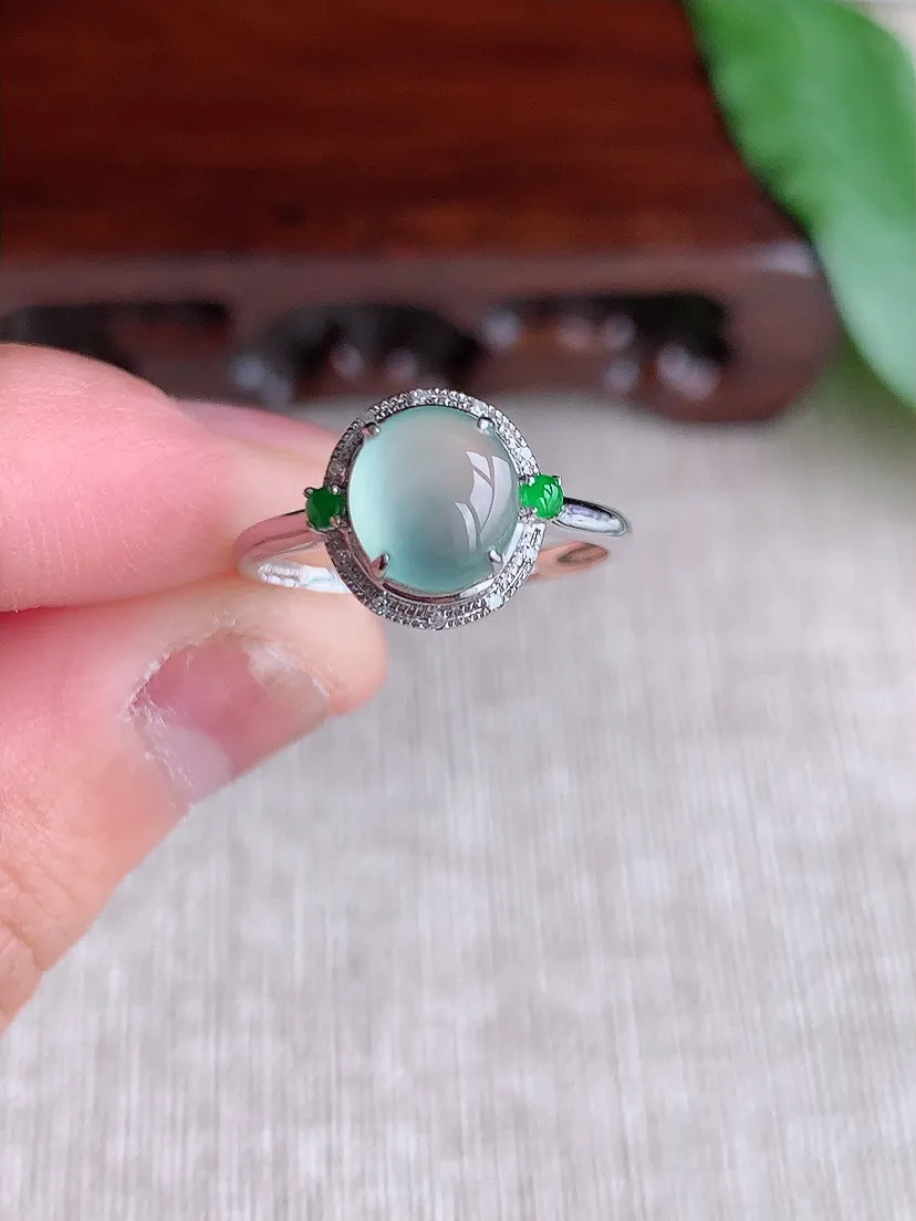 天然A货翡翠18K金伴钻镶嵌晴水蛋面戒指 圈口17裸石尺寸7.6×6.7mm 重量1.86g 050